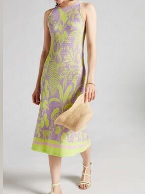 FARM Rio Lime and Lavender Sleeveless Floral Knit Midi Dress